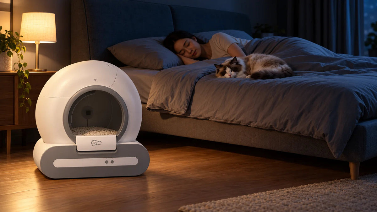 Litière DOEL Ti+ près d’un lit et d’un chat au repos