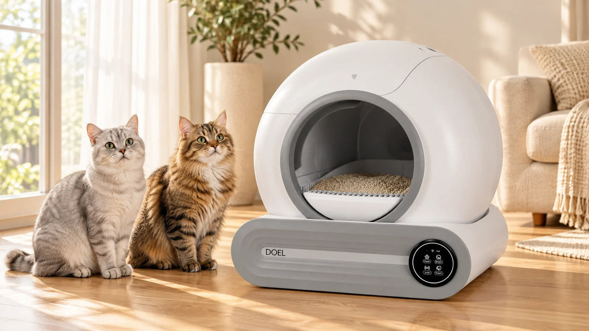 DOEL Ti Pro litter box in a sunlit room with two cats