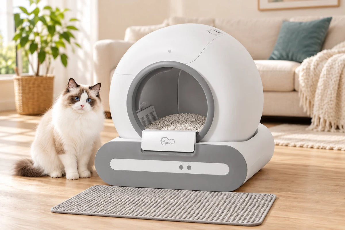 DOEL Ti+ litter box and cat in a bright living room