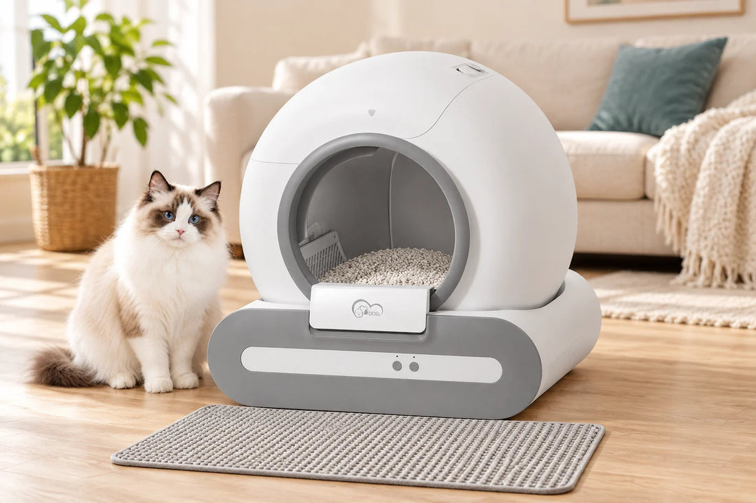 DOEL Ti+ litter box and cat in a bright living room